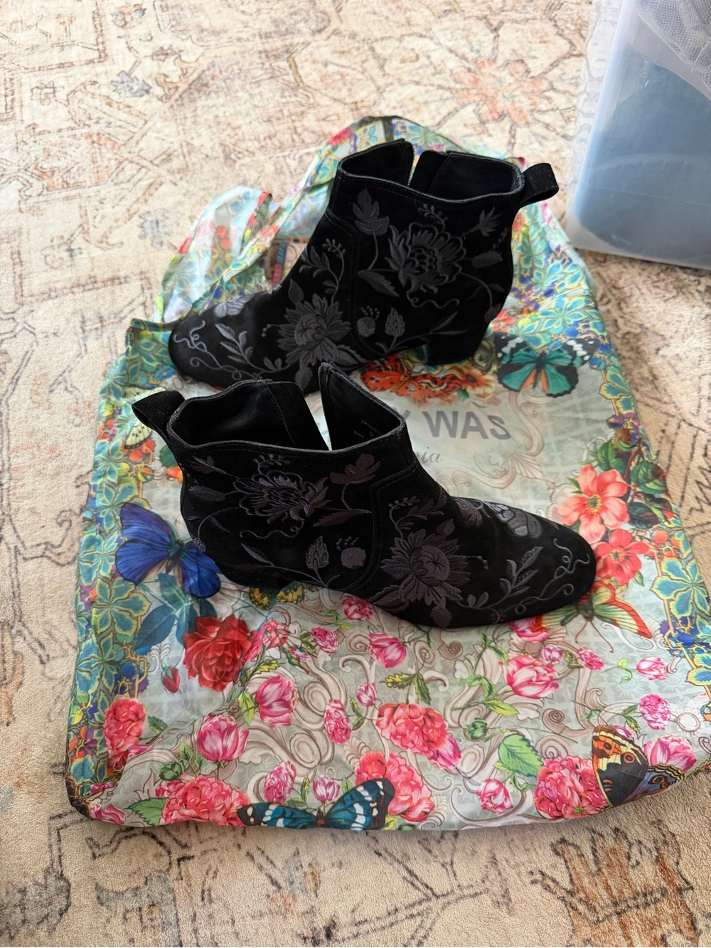 Johnny Was Black Floral Velvet Ankle Boots - Women's Stylish Booties